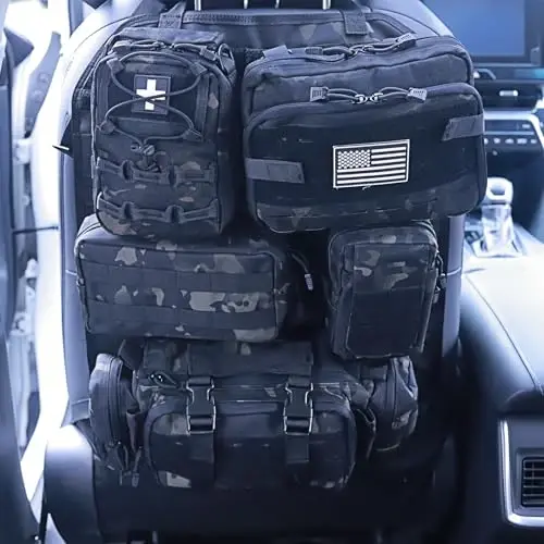 Universal Tactical Car Seat Back Organizer Bag Tactical Molle Vehicle Organizers Panel Vehicle Protector Organizers with 5 Detachable Pouches for Car Truck Ford Jeep (Upgraded C model Black camo) - 1