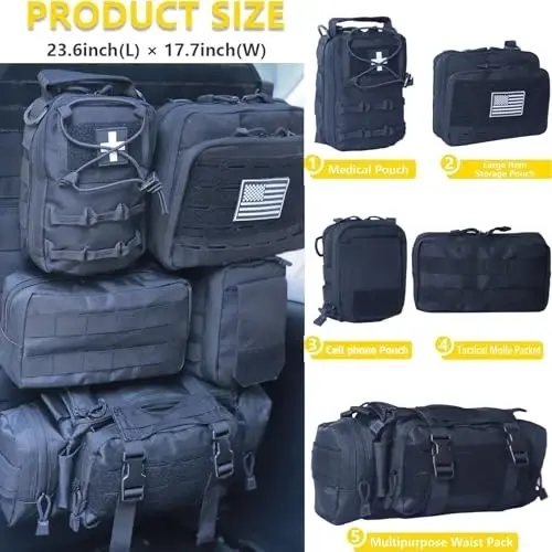 Universal Tactical Car Seat Back Organizer Bag Tactical Molle Vehicle Organizers Panel Vehicle Protector Organizers with 5 Detachable Pouches for Car Truck Ford Jeep (Upgraded C model Black) - 2