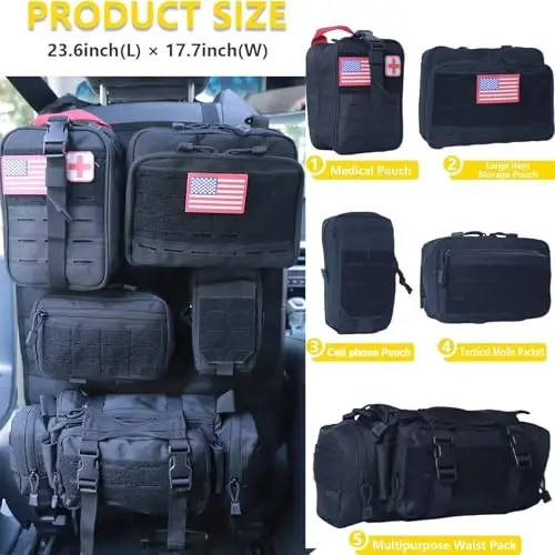 Universal Tactical Car Seat Back Organizer Bag Tactical Molle Vehicle Organizers Panel Vehicle Protector Organizers with 5 Detachable Pouches for Car Truck Ford Jeep (Upgraded D model Black) - 4