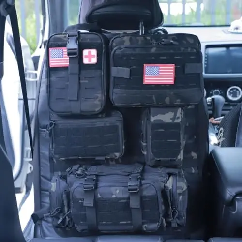Universal Tactical Car Seat Back Organizer Bag Tactical Molle Vehicle Organizers Panel Vehicle Protector Organizers with 5 Detachable Pouches for Car Truck Ford Jeep (Upgraded D model Black camo) - BXBXHD