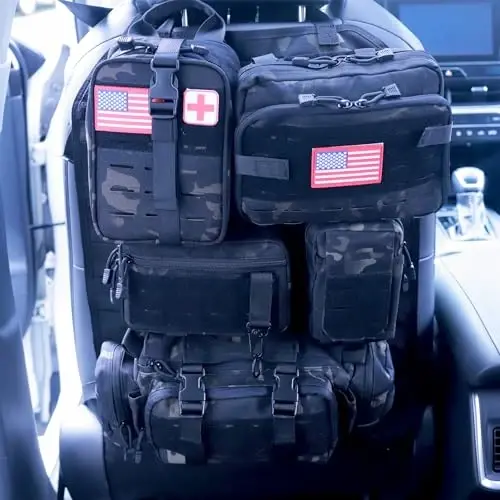 Universal Tactical Car Seat Back Organizer Bag Tactical Molle Vehicle Organizers Panel Vehicle Protector Organizers with 5 Detachable Pouches for Car Truck Ford Jeep (Upgraded D model Black camo) - BXBXHD