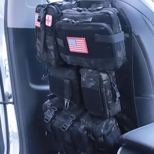 Universal Tactical Car Seat Back Organizer Bag Tactical Molle Vehicle Organizers Panel Vehicle Protector Organizers with 5 Detachable Pouches for Car Truck Ford Jeep (Upgraded D model Black camo) - 4