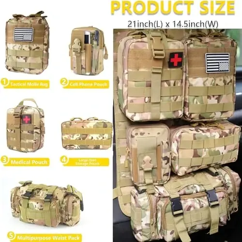 Universal Tactical Car Seat Back Organizer Bag Tactical Molle Vehicle Organizers Panel Vehicle Protector Organizers with 5 Detachable Pouches for Car Truck Ford Jeep Vehicle (CP camo) - 5