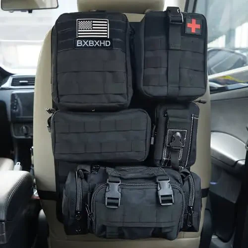 Universal Tactical Car Seat Back Organizer Bag Tactical Molle Vehicle Organizers Panel Vehicle Protector Organizers with 5 Detachable Pouches for Car Truck Ford Jeep (Black) - 1