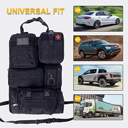 Universal Tactical Car Seat Back Organizer Bag Tactical Molle Vehicle Organizers Panel Vehicle Protector Organizers with 5 Detachable Pouches for Car Truck Ford Jeep (Black) - 3