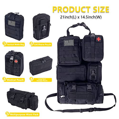 Universal Tactical Car Seat Back Organizer Bag Tactical Molle Vehicle Organizers Panel Vehicle Protector Organizers with 5 Detachable Pouches for Car Truck Ford Jeep (Black) - 2