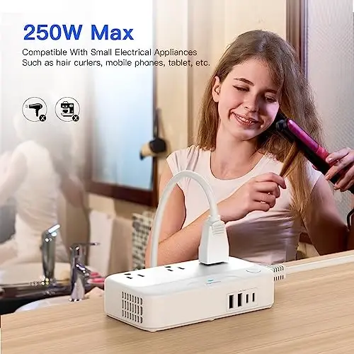 Universal Voltage Converter US to Europe, 220v to 110v Power Travel Converter Combo, 250W Step Down European Adapter 220 to 110 for UK Italy, Transformer European Travel Plug for Curly Hair Stick - 4
