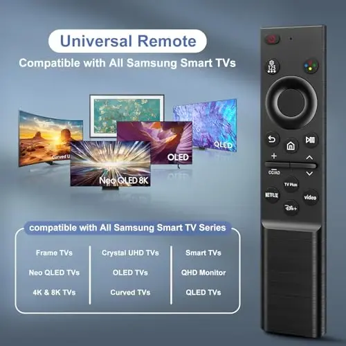 Универсальный сменный пульт ДУ для умных телевизоров Samsung, программирование не требуется | Настройка не нужна — просто вставьте 2 батарейки ААА. Оснащен горячими клавишами NFLX, TV Plus, Dis+ и видео. Прочный, ударопрочный, радиус действия 35 футов. - OMAIC (1)