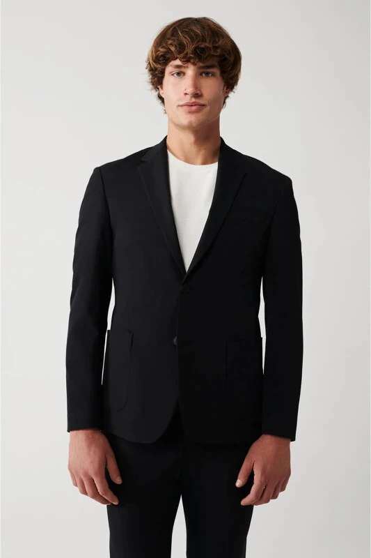 Unlined, double-breasted, black bi-stretch men's jacket. - AVVA