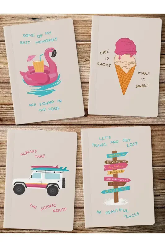 Unlined Notebook, Summer Illustration Notebook 4 Pcs, Brain Notebook, Notepad, 64 Pages 14*21cm-Summer - 1