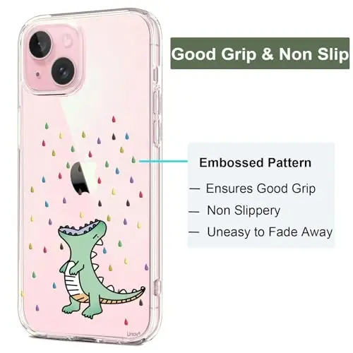 Unov Case Compatible with iPhone 15 Case Clear with Design Embossed Pattern Soft TPU Bumper Slim Protective 6.1 Inch (Rainbow Dinosaur) - 4