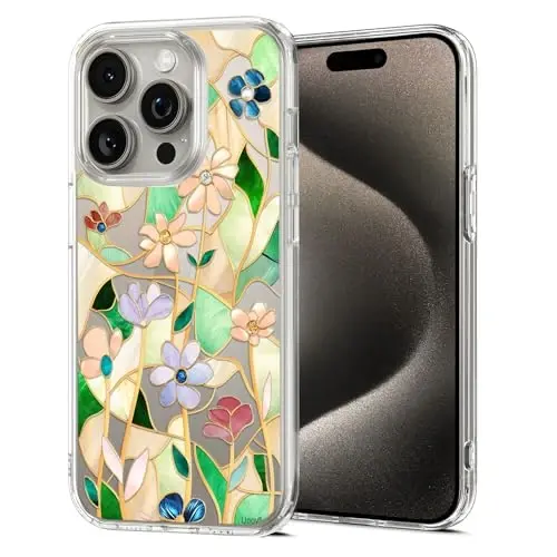Unov Case Compatible with iPhone 15 Pro Case Clear with Design Embossed Floral Pattern Soft TPU Bumper Slim Protective 6.1 Inch (Stained Glass Flower) - 1