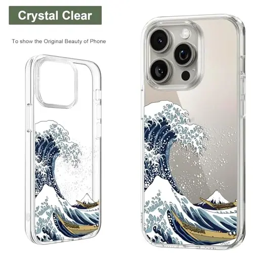 Unov Case Compatible with iPhone 15 Pro Case Clear with Design Embossed Pattern Soft TPU Bumper Slim Protective 6.1 Inch (Great Wave) - 3