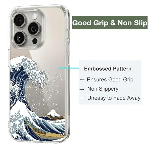 Unov Case Compatible with iPhone 15 Pro Case Clear with Design Embossed Pattern Soft TPU Bumper Slim Protective 6.1 Inch (Great Wave) - 5