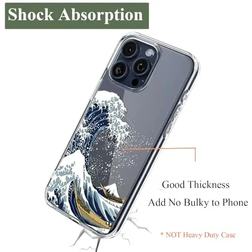 Unov Case Compatible with iPhone 15 Pro Case Clear with Design Embossed Pattern Soft TPU Bumper Slim Protective 6.1 Inch (Great Wave) - 6