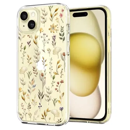 Unov Case iPhone 15 bilan mos keladi, dizayni bo'rtma gulli naqshli, yumshoq TPU bumperli, ingichka himoya 6.1 dyuymli shaffof g'ilof (Oltin bog ') 