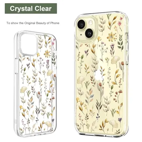 Unov Case iPhone 15 bilan mos keladi, dizayni bo'rtma gulli naqshli, yumshoq TPU bumperli, ingichka himoya 6.1 dyuymli shaffof g'ilof (Oltin bog ') - 3