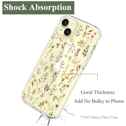 Unov Case iPhone 15 bilan mos keladi, dizayni bo'rtma gulli naqshli, yumshoq TPU bumperli, ingichka himoya 6.1 dyuymli shaffof g'ilof (Oltin bog ') - 6