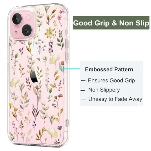 Unov Case iPhone 15 bilan mos keladi, dizayni bo'rtma gulli naqshli, yumshoq TPU bumperli, ingichka himoya 6.1 dyuymli shaffof g'ilof (Oltin bog ') - 4
