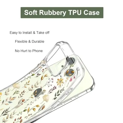 Unov Case iPhone 15 bilan mos keladi, dizayni bo'rtma gulli naqshli, yumshoq TPU bumperli, ingichka himoya 6.1 dyuymli shaffof g'ilof (Oltin bog ') - 5