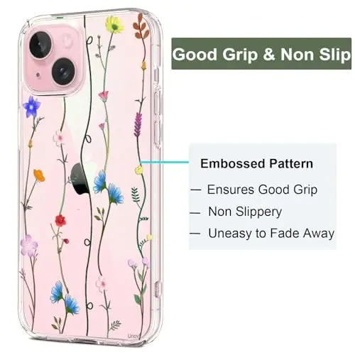 Unov Case iPhone 15 bilan mos keladi, Dizaynli shaffof g'ilof Bo'rtma gul naqshli yumshoq TPU bumper Slim himoya 6,1 dyuym (Floral Art) - 4