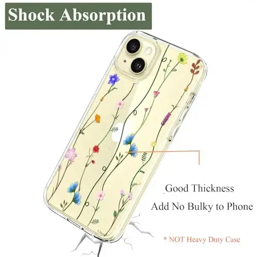 Unov Case iPhone 15 bilan mos keladi, Dizaynli shaffof g'ilof Bo'rtma gul naqshli yumshoq TPU bumper Slim himoya 6,1 dyuym (Floral Art) - 6