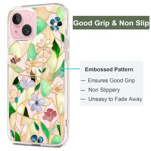 Unov Case iPhone 15 bilan mos keladi, Dizaynli shaffof g'ilof, Gul naqshli, Yumshoq TPU bumper, Yupqa himoya 6.1 dyuym (Vitraj gul) - 4