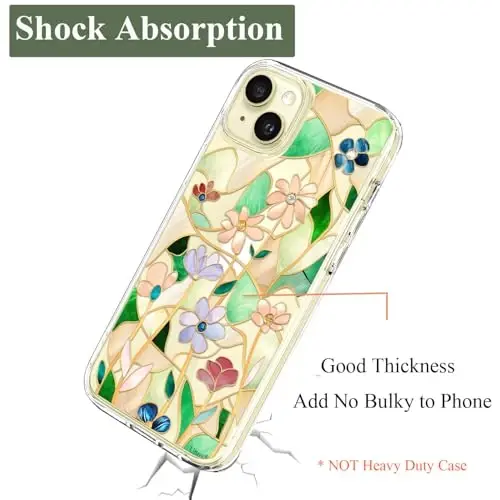 Unov Case iPhone 15 bilan mos keladi, Dizaynli shaffof g'ilof, Gul naqshli, Yumshoq TPU bumper, Yupqa himoya 6.1 dyuym (Vitraj gul) - 6