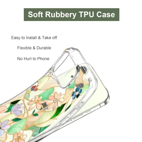 Unov Case iPhone 15 bilan mos keladi, Dizaynli shaffof g'ilof, Gul naqshli, Yumshoq TPU bumper, Yupqa himoya 6.1 dyuym (Vitraj gul) - 5