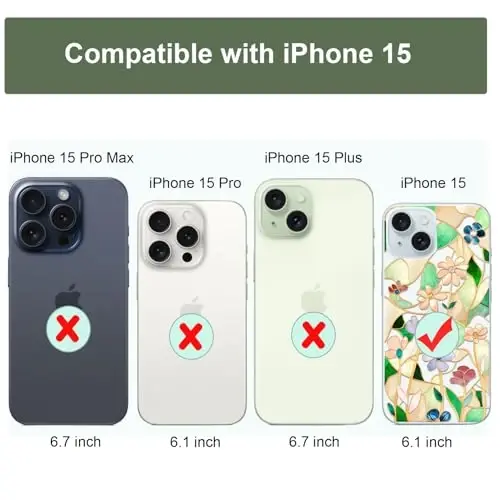Unov Case iPhone 15 bilan mos keladi, Dizaynli shaffof g'ilof, Gul naqshli, Yumshoq TPU bumper, Yupqa himoya 6.1 dyuym (Vitraj gul) - 7