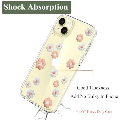Unov Case iPhone 15 Case bilan mos keladi Dizaynli tiniq g'ilof Bo'rttirilgan gul naqshli Yumshoq TPU bumper Yupqa himoya 6.1 dyuym ( ромашка гуллайди) - 6