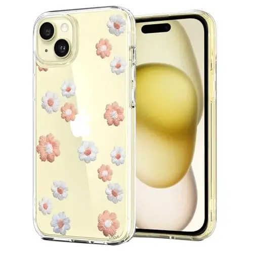 Unov Case iPhone 15 Case bilan mos keladi Dizaynli tiniq g'ilof Bo'rttirilgan gul naqshli Yumshoq TPU bumper Yupqa himoya 6.1 dyuym ( ромашка гуллайди) - 1