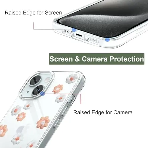 Unov Case iPhone 15 Case bilan mos keladi Dizaynli tiniq g'ilof Bo'rttirilgan gul naqshli Yumshoq TPU bumper Yupqa himoya 6.1 dyuym ( ромашка гуллайди) - 2
