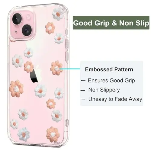 Unov Case iPhone 15 Case bilan mos keladi Dizaynli tiniq g'ilof Bo'rttirilgan gul naqshli Yumshoq TPU bumper Yupqa himoya 6.1 dyuym ( ромашка гуллайди) - 4