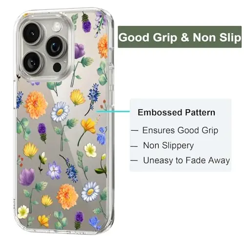 Unov Case iPhone 15 Pro Max bilan mos keladi, dizayni bo'rtma gul naqshli shaffof g'ilof, yumshoq TPU bamper, ingichka himoya 6,7 dyuym (Gul bog'i) - 5