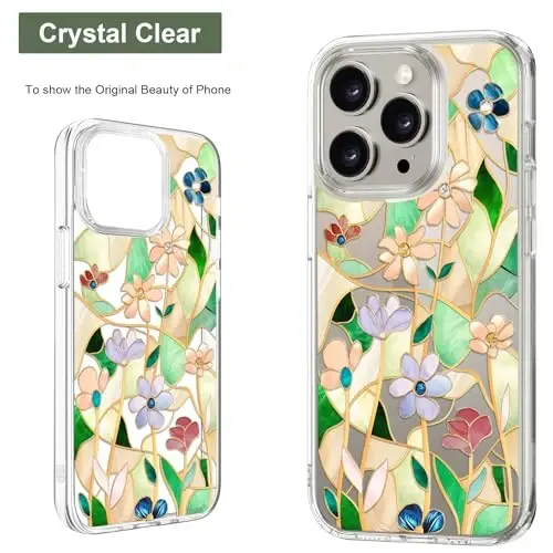 Unov Case iPhone 15 Pro uchun mos keladigan g'ilof Dizaynli tiniq, gul naqshli, yumshoq TPU bumperli, ingichka himoya 6.1 dyuym (Vitraj gul) - 3