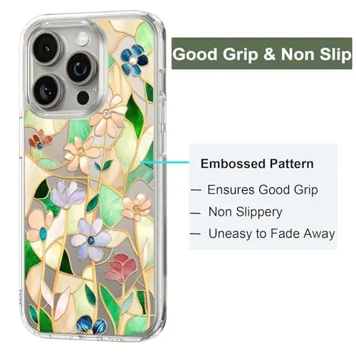 Unov Case iPhone 15 Pro uchun mos keladigan g'ilof Dizaynli tiniq, gul naqshli, yumshoq TPU bumperli, ingichka himoya 6.1 dyuym (Vitraj gul) - 4