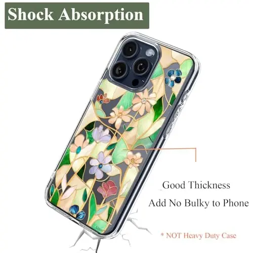 Unov Case iPhone 15 Pro uchun mos keladigan g'ilof Dizaynli tiniq, gul naqshli, yumshoq TPU bumperli, ingichka himoya 6.1 dyuym (Vitraj gul) - 6