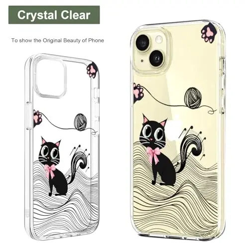 Unov for iPhone 15 Case, Clear with Design, Slim Fit Good Grip, Embossed Phone Case, Shockproof Protective Cover, Raised Camera Protection, Soft TPU, Black Cat - 3