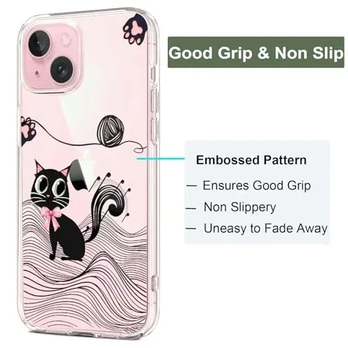 Unov for iPhone 15 Case, Clear with Design, Slim Fit Good Grip, Embossed Phone Case, Shockproof Protective Cover, Raised Camera Protection, Soft TPU, Black Cat - 4