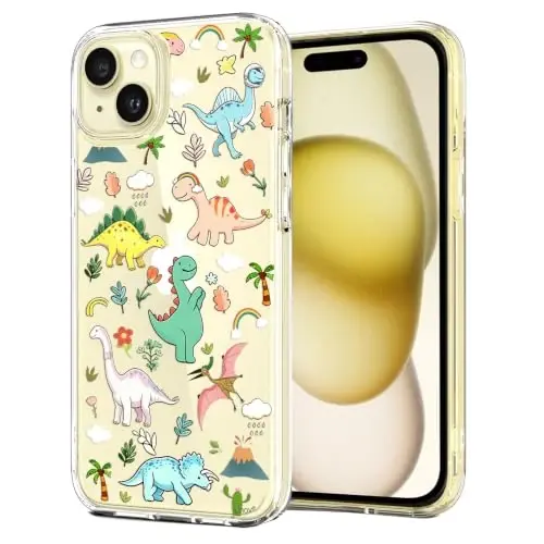 Unov for iPhone 15 Case, Clear with Design, Slim Fit Good Grip, Embossed Phone Case, Shockproof Protective Cover, Raised Camera Protection, Soft TPU, Dinosaur Land - 1