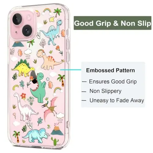 Unov for iPhone 15 Case, Clear with Design, Slim Fit Good Grip, Embossed Phone Case, Shockproof Protective Cover, Raised Camera Protection, Soft TPU, Dinosaur Land - 4