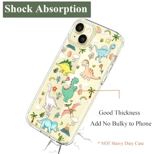 Unov for iPhone 15 Case, Clear with Design, Slim Fit Good Grip, Embossed Phone Case, Shockproof Protective Cover, Raised Camera Protection, Soft TPU, Dinosaur Land - 6