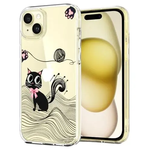 Unov for iPhone 15 Case, Naqshli tiniq, Yupqa mos keladi yaxshi tutqich, Bo‘rtma telefon g‘ilofi, Zarbaga chidamli himoya qopqog‘i, Ko‘tarilgan kamera muhofazasi, Yumshoq TPU, Qora mushuk - UNOV
