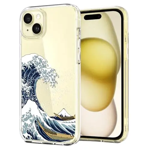 Unov for iPhone 15 Case, Clear with Design, Slim Fit Good Grip, Embossed Phone Case, Shockproof Protective Cover, Raised Camera Protection, Soft TPU, Great Wave - 1