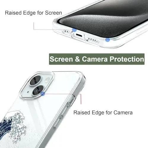 Unov for iPhone 15 Case, Clear with Design, Slim Fit Good Grip, Embossed Phone Case, Shockproof Protective Cover, Raised Camera Protection, Soft TPU, Great Wave - 2