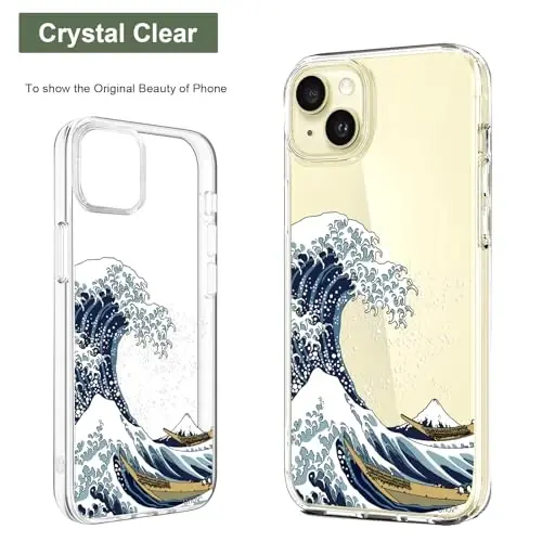 Unov for iPhone 15 Case, Clear with Design, Slim Fit Good Grip, Embossed Phone Case, Shockproof Protective Cover, Raised Camera Protection, Soft TPU, Great Wave - 3
