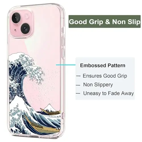 Unov for iPhone 15 Case, Clear with Design, Slim Fit Good Grip, Embossed Phone Case, Shockproof Protective Cover, Raised Camera Protection, Soft TPU, Great Wave - 4