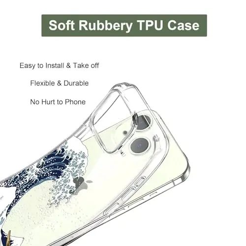 Unov for iPhone 15 Case, Clear with Design, Slim Fit Good Grip, Embossed Phone Case, Shockproof Protective Cover, Raised Camera Protection, Soft TPU, Great Wave - 5