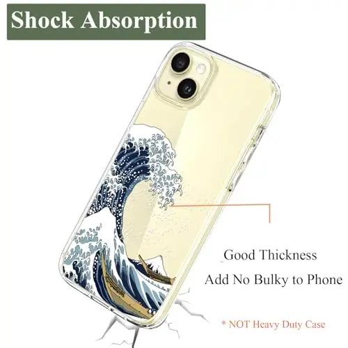 Unov for iPhone 15 Case, Clear with Design, Slim Fit Good Grip, Embossed Phone Case, Shockproof Protective Cover, Raised Camera Protection, Soft TPU, Great Wave - 6